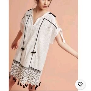 Hemant & Nandita Anthropologie White Eyelet Embroidered Tunic Mini Dress S